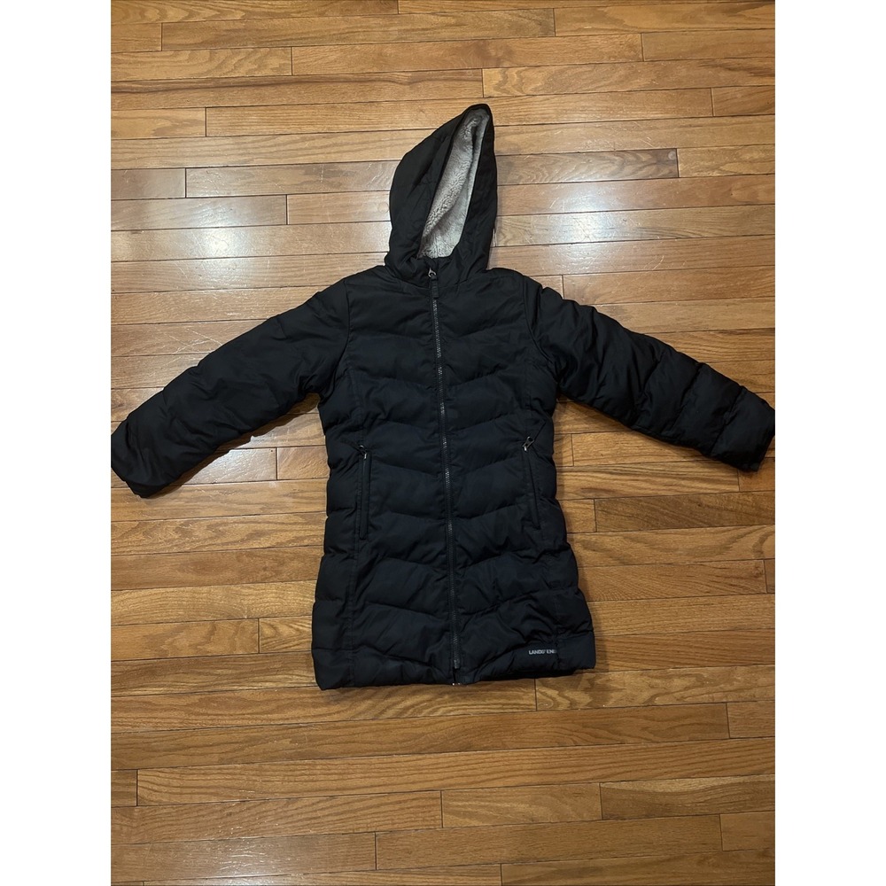 Lands' End Down Puffer Jacket Youth Medium 8 Black Hood Fleece Lined